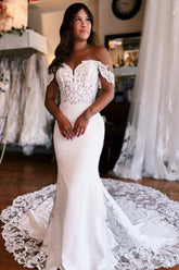Mermaid Wedding Dress Off The Shoulder Lace Satin Bridal Gown