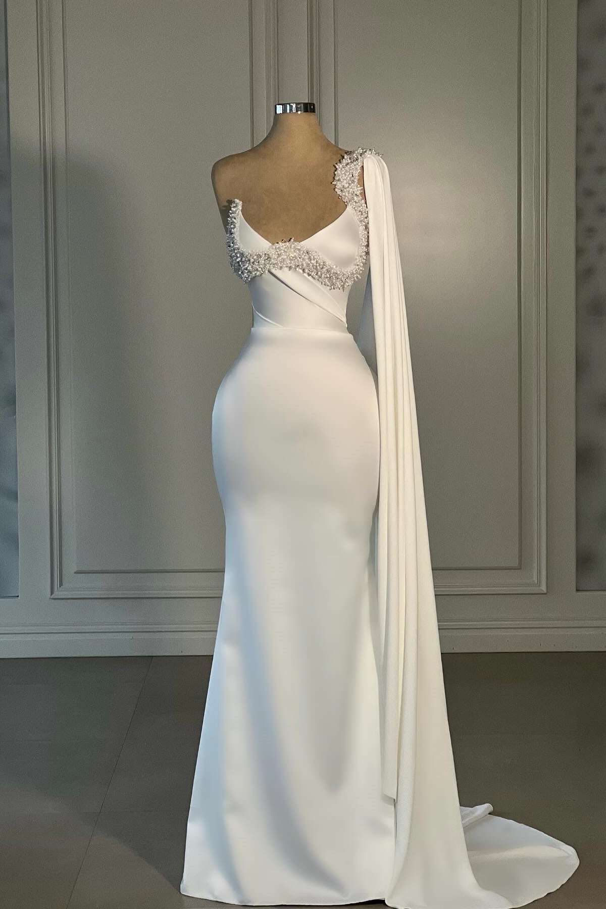 Mermaid Wedding Dress Satin One Shoulder White Beaded Bridal Gown With Watteau Train