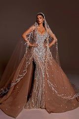 Mermaid Wedding Dress Spaghetti Straps Beaded Tulle Bridal Gown with Panel Train