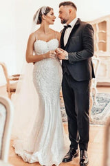 Mermaid Wedding Dress Spaghetti Straps Lace Sleeveless Bridal Gown