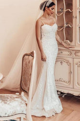 Mermaid Wedding Dress Spaghetti Straps Lace Sleeveless Bridal Gown