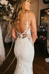 Mermaid Wedding Dress Spaghetti Straps V Neck Backless Bridal Gown