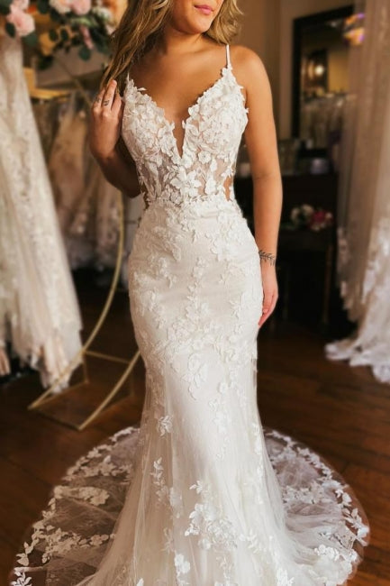 Mermaid Wedding Dress Spaghetti Straps V Neck Backless Bridal Gown