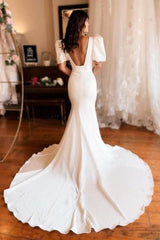 Mermaid Wedding Dress Square Neck Satin Backless Bridal Gown With Short Sleeves