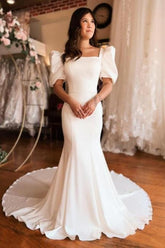 Mermaid Wedding Dress Square Neck Satin Backless Bridal Gown With Short Sleeves