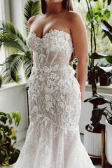 Mermaid Wedding Dress Strapless Lace Sequined Bridal Gown With Train