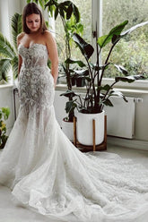 Mermaid Wedding Dress Strapless Lace Sequined Bridal Gown With Train