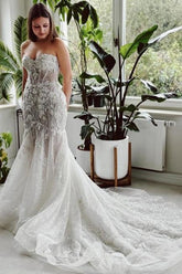 Mermaid Wedding Dress Strapless Lace Sequined Bridal Gown With Train