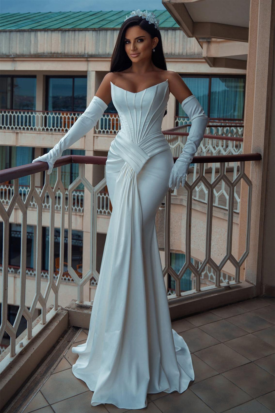Mermaid Wedding Dress Strapless Satin Ivory Sleeveless Bridal Gown