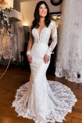 Mermaid Wedding Dress V Neck Backless Lace Bridal Gown With Sleeves
