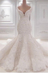 Mermaid Wedding Dress V Neck Beaded Lace Appliques Bridal Dress