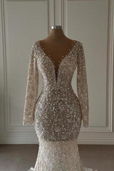 Mermaid Wedding Dress V Neck Lace Sleeves Bridal Gown With Pearls