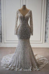 Mermaid Wedding Dress V Neck Lace Sleeves Bridal Gown With Pearls