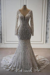 Mermaid Wedding Dress V Neck Lace Sleeves Bridal Gown With Pearls