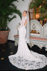 Dreamyannie Mermaid Beach Wedding Dress Long Sleeve High Neck Lace Bridal Gown