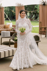 Dreamyannie Mermaid Beach Wedding Dress Long Sleeve Lace High Neck Bridal Gown