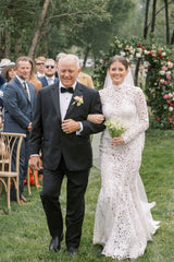 Dreamyannie Mermaid Beach Wedding Dress Long Sleeve Lace High Neck Bridal Gown