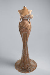 Dreamyannie Mermaid Formal Dress Champagne Sweetheart Neck Prom Dress with Beadings and Rhinestones