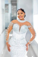 Mermaid Long Sleeve Wedding Dress Luxury Beaded Bridal Gown with Ruffled Skirt