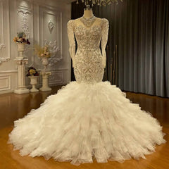 Mermaid Long Sleeve Wedding Dress Luxury Beaded Tulle Tiered Bridal Gown
