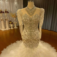 Mermaid Long Sleeve Wedding Dress Luxury Beaded Tulle Tiered Bridal Gown