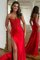 Dreamyannie Red Prom Dress Beaded Corset Mermaid Long Formal Dress With Slit