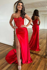 Dreamyannie Red Prom Dress Beaded Corset Mermaid Long Formal Dress With Slit