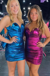 Metallic Blue Homecoming Dress Spaghetti Straps Backless Tight Short Prom Dress