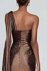 Metallic Brown One Shoulder Long Mermaid Prom Dress With Slit