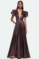 Metallic Dusty Purple Wedding Guest Dress V-Neck Pleated Satin Formal Dress