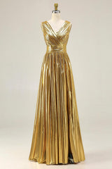 Metallic Gold Ruched V-Neck A-Line Long Prom Dress With Slit