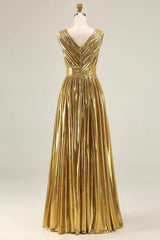 Metallic Gold Ruched V-Neck A-Line Long Prom Dress With Slit