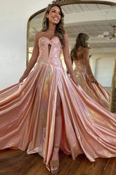 Metallic Pink Prom Dress Sweetheart Long Formal Dress With Slit