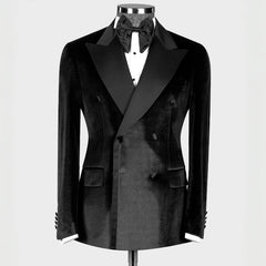 Mind Black Peaked Lapel Double Breasted Velvet Prom Suit