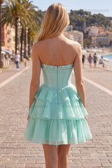 Mint Green Strapless Beaded A-Line Corset Short Homecoming Dress with Ruffles