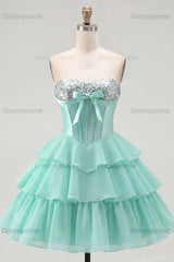 Mint Green Strapless Beaded A-Line Corset Short Homecoming Dress with Ruffles