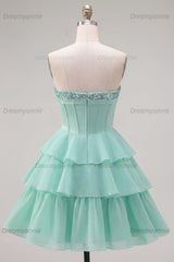 Mint Green Strapless Beaded A-Line Corset Short Homecoming Dress with Ruffles