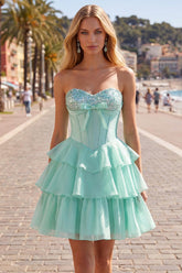 Mint Green Strapless Beaded A-Line Corset Short Homecoming Dress with Ruffles