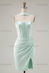 Mint Green Strapless Ruched Corset Tight Short Homecoming Dress with Slit