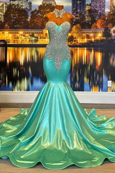 Mint Green Halter Mermaid Evening Dress with Sleeveless Appliques