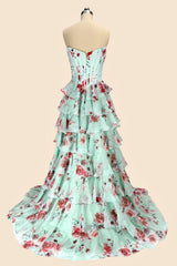 Mint Green Watercolor Floral Strapless Prom Dress With Sweetheart Tiered Chiffon Train Formal Evening Gown
