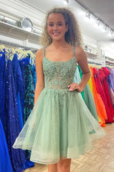 Mint Homecoming Dress A Line Corset Short Prom Dress with Lace