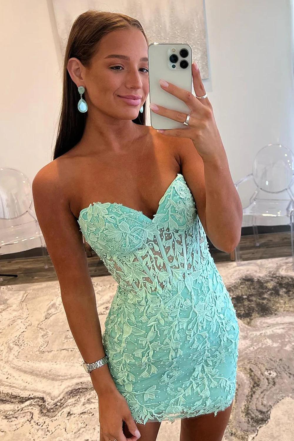 Mint Homecoming Dress Lace Sweetheart Tight Short Cocktail Dresses