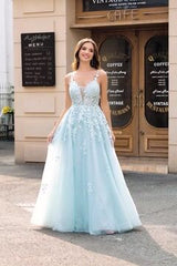 Mint Prom Dress A Line Tulle Off the Shoulder Long Evening Dress With Appliques