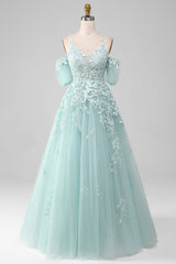 Mint Prom Dress A Line Tulle Off the Shoulder Long Evening Dress With Appliques