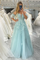 Mint Prom Dress A Line Tulle Off the Shoulder Long Evening Dress With Appliques