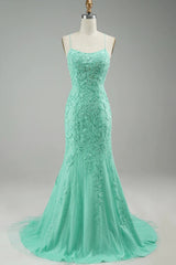 Mint Prom Dress Spaghetti Straps Appliques Mermaid Long Evening Dress