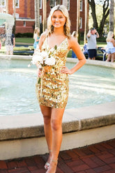 Mirror Golden Homecoming Dress Spaghetti Straps Tight Short Prom Dress
