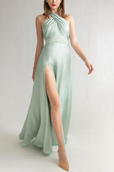 Mist Bridesmaid Dress Halter Stretch Satin Evening Dress with Slit