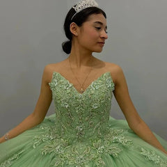 Modern Ball Gown Strapless Sleeveless Lace Appliques 3D Flower Beaded Sage Green Tulle Quinceanera Dress For Sweet 16